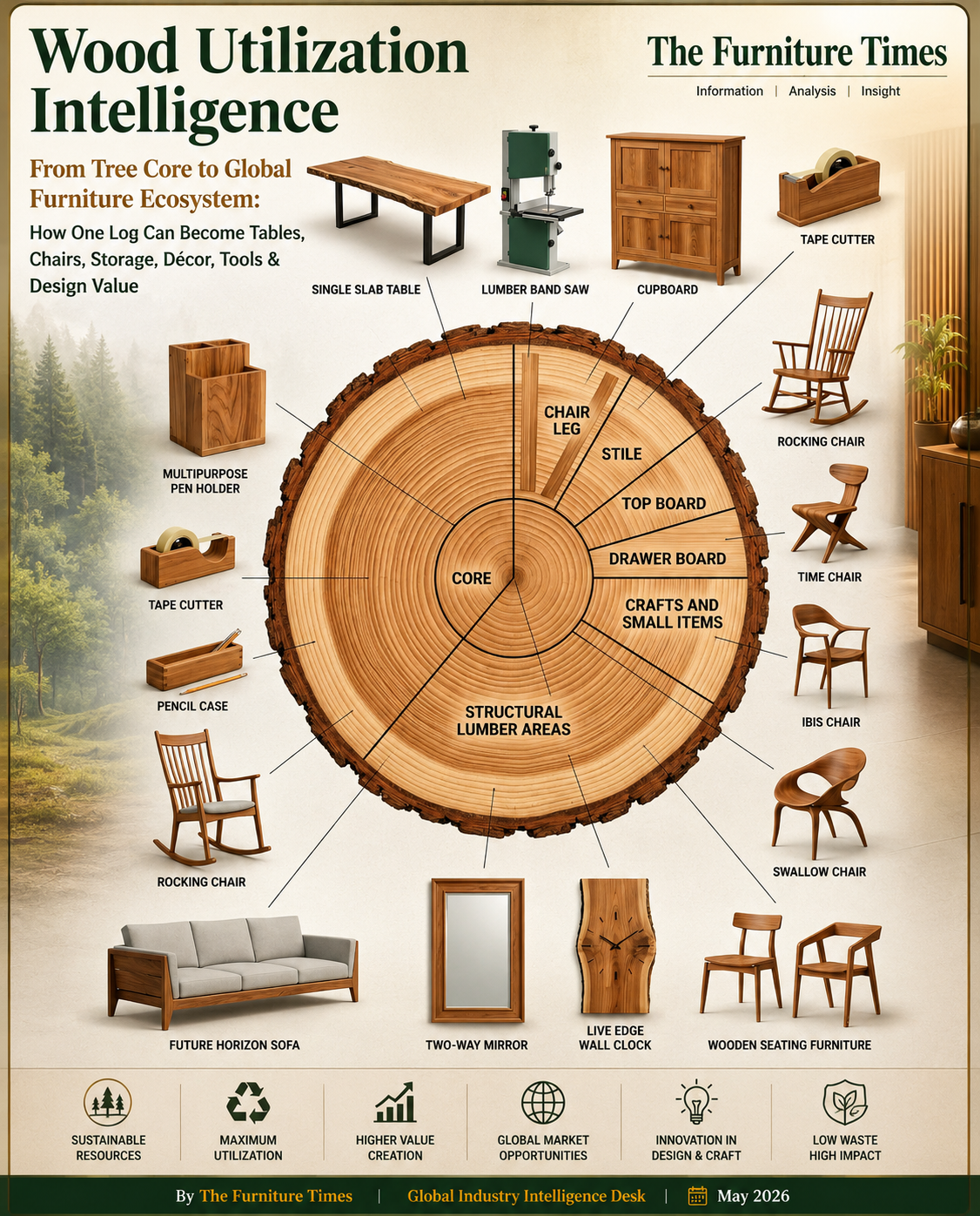 From Tree Core to Global Furniture Ecosystem: How One Log Can Become Tables, Chairs, Storage, Décor, Tools & Design Value
