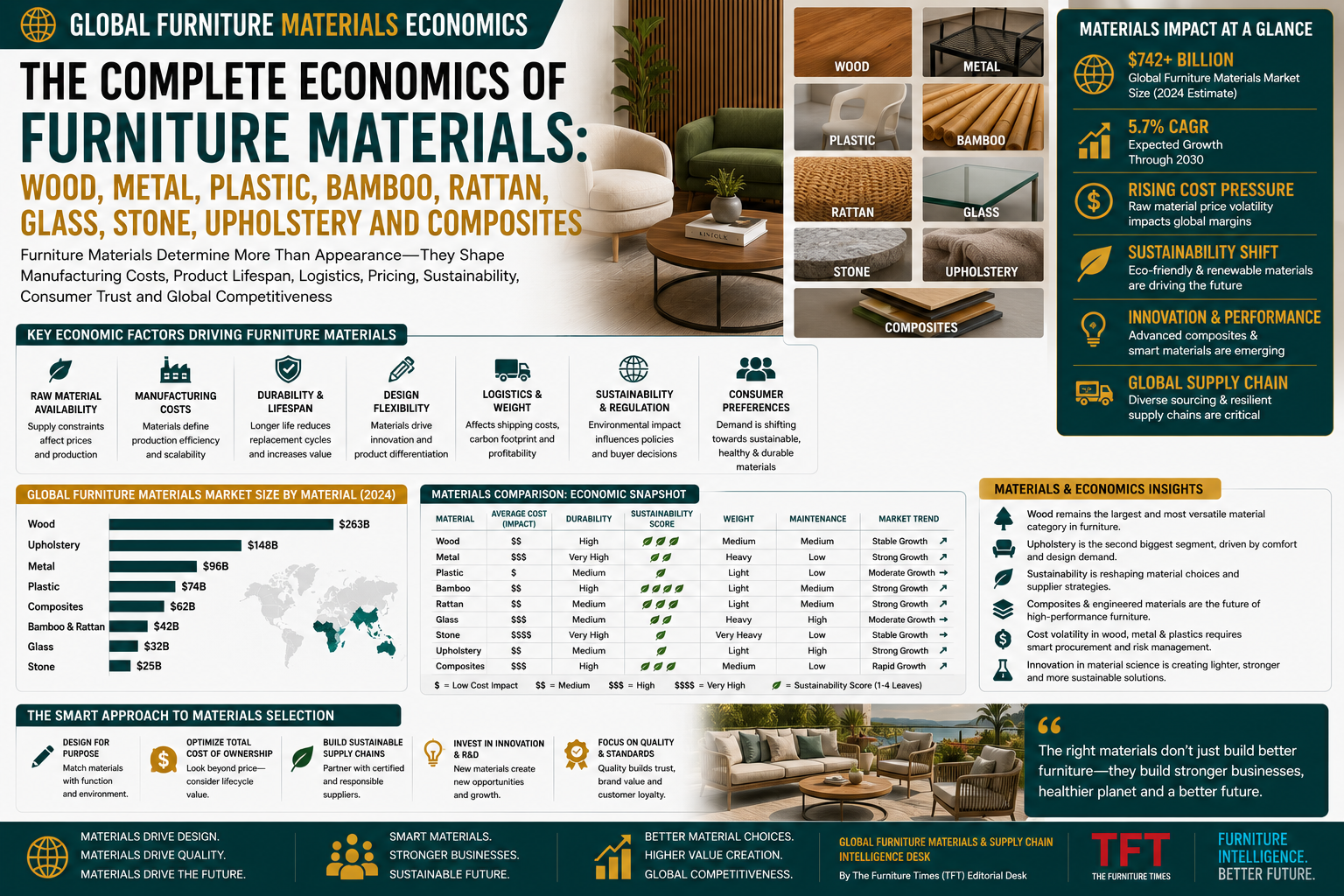 The Complete Economics of Furniture Materials: Wood, Metal, Plastic, Bamboo, Rattan, Glass, Stone, Upholstery and Composites